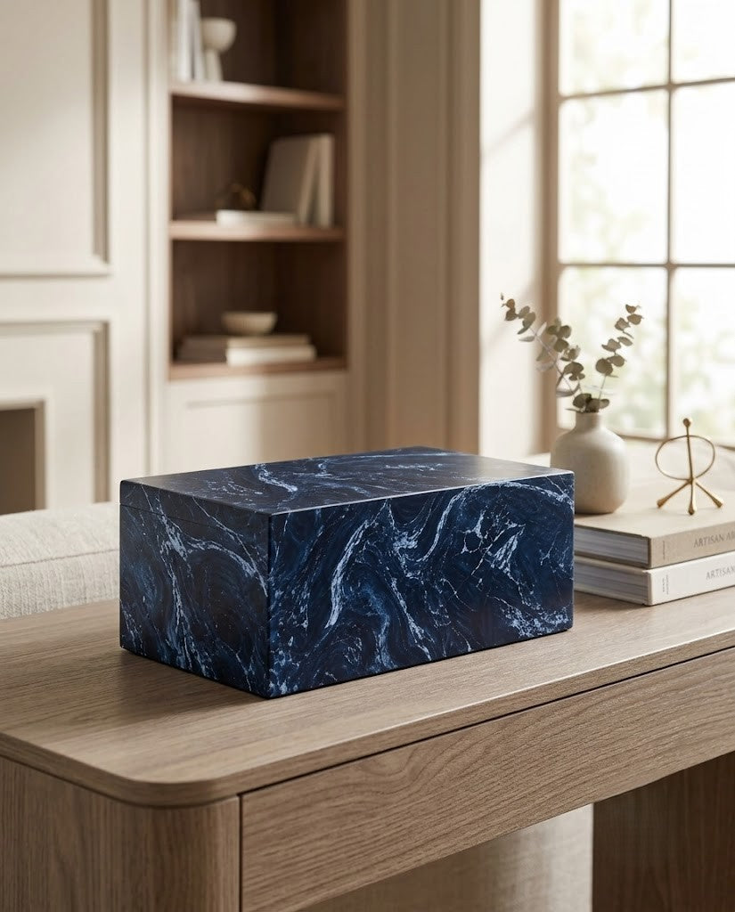 Blue Marble-Look Mango Wood Companion Urn – Double Cremation Urn for Two Adults