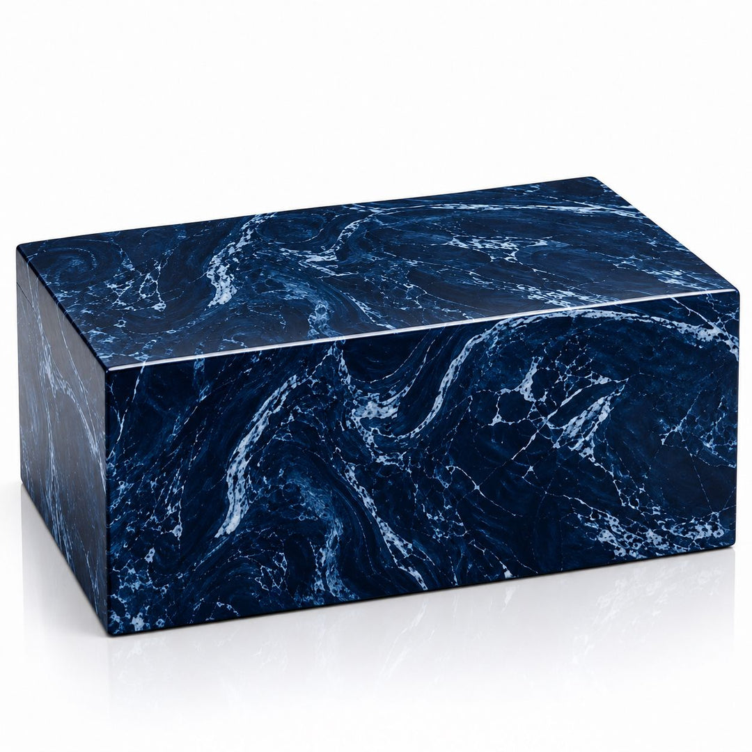 Blue Marble-Look Mango Wood Companion Urn – Double Cremation Urn for Two Adults