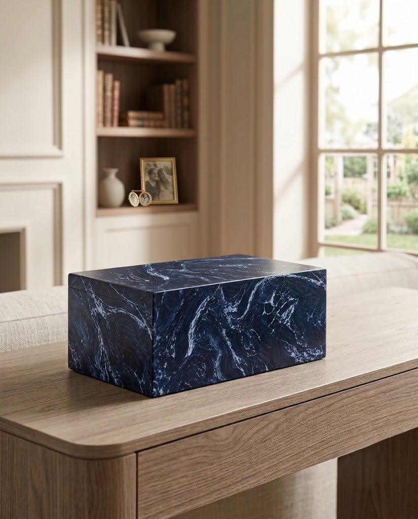 Blue Marble-Look Mango Wood Companion Urn – Double Cremation Urn for Two Adults